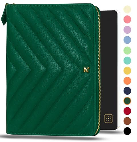 NEORAH — A5 Notebook Sleeve with Compendium + Dotgrid Journal | Faux Leather Sleeve + Penloop | 2 Front 1 Back Compartment | 6 Card Slots | Gold Toned YKK Metallic Zip Around Closure–Dark Green