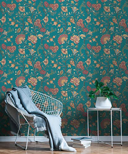 New Walls Papier peint intissé floral fleurs vigne branches turquoise, rouge, orange - 10.05x0.53m