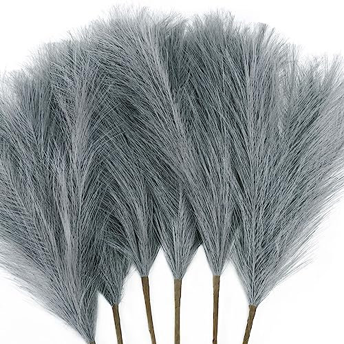 Tender Epoch 6 Stück Pampasgras-Arrangement – 45 cm künstliche, flauschige Pompongras-Stiele für Boho-Chic-Heim- und Hochzeitsdekoration (grau)