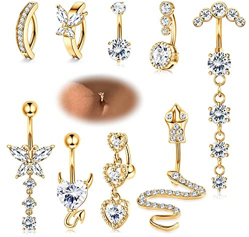 CASSIECA 9 Stück 14G Bauchnabelpiercing Chirurgenstahl Langer Anhänger Dangly Zirkonia Schlange Schmetterling Clicker Piercing Bauchnabel Bauchnabelpiercings Schmuck Set, Gold