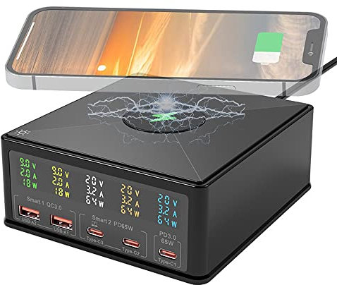 BraveKing 160W USB-Ladegerät Desktop 5-Ports Ladestation Hub mit 15 W Wireless Charging 18W QC 3.0 USB & 65W PD Schnellladegerät und LCD Display Station für MacBook Pro Air iPad iPhone Samsung Switch