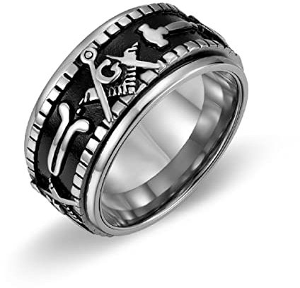 Freimaurer Symbol Band Ring, Punk Freimaurer Spinner Ring für Männer, Edelstahl Master Mason Ring Silber Freimaurer Symbol Schmuck, Quadrat und Kompass Ring Felsen Freimaurer Kompass Ring (18.1)