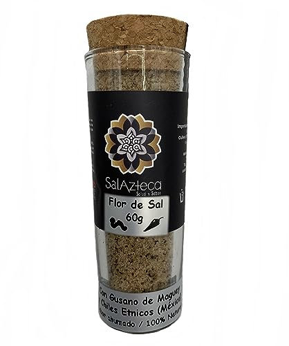 Sal Azteca/Sal mexicana de agave con gusano de maguey tostado y chiles étnicos ahumados, para acompañar mezcal, tequila, sotol y coctelería. Condimento de platillos exóticos (Vasito tequilero 60g)