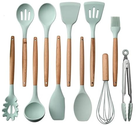 AHASON'S 12-Piece Kitchen Utensil Set with Holder – Mint Green Silicone Cooking Utensils with Wooden Handles, Non-Stick & Heat Resistant Kitchen Tools for Baking, Frying & Home Cooking