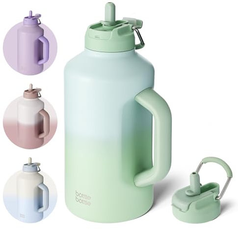 bottlebottle Isolierte Wasserflasche mit Strohhalm und doppeltem Deckel, Sport-Edelstahl-Wasserflasche mit Griff, Vakuum-Edelstahl für Workout und Sport, 1,8 l (grüner Farbverlauf)