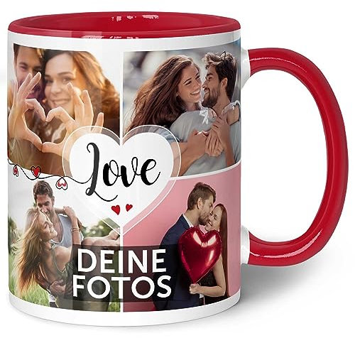 GRAVURZEILE Tasse mit dem Spruch Love zum selbst gestalten mit Foto Collage für acht eigene Fotos - Fototasse personalisiert - Persönliches Geschenk für Paare Freundinnen und Familie Farbe Rot