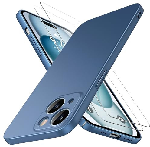 Natiiozie Ultra Dünn Handyhülle Kompatibel mit iPhone 15 Hülle PP Case mit 2 Stück Schutzfolie, Slim Leicht Hartschale mit Voll Kameraschutz Kratzfeste Matt Schutzhülle - Blau