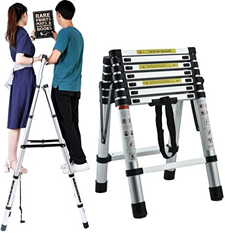 6+7-Stufen-Leiter, Aluminium, 6,4 Fuß, Teleskopleiter, leichte, tragbare A-Rahmen-Leiter mit Armdesign, 330 lbs Tragfähigkeit, verbreitertes Trittpedal, klappbare Trittleiter, einfach zu
