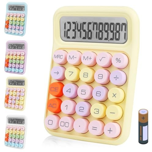 Bimormat Bunter elektronischer Taschenrechner, 12-stelliges großes LCD-Display und große runde Tasten, bonbonfarbener Tischrechner für Büro, Schule, Zuhause, Geschäft (UK-COCA-Gelb)