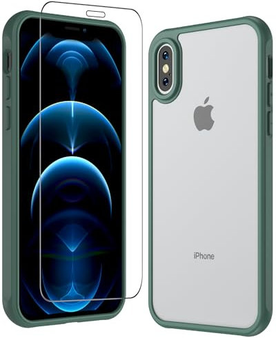 Hensinple Hülle für iPhone X, Matt Transluzente Hülle iPhone XS Militärschutz Stoßfeste Schutzhülle mit Panzerglas für iPhone X/XS Anti-Fingerabdruck Kratzfeste TPU Bumper iPhone X Case (Grün)