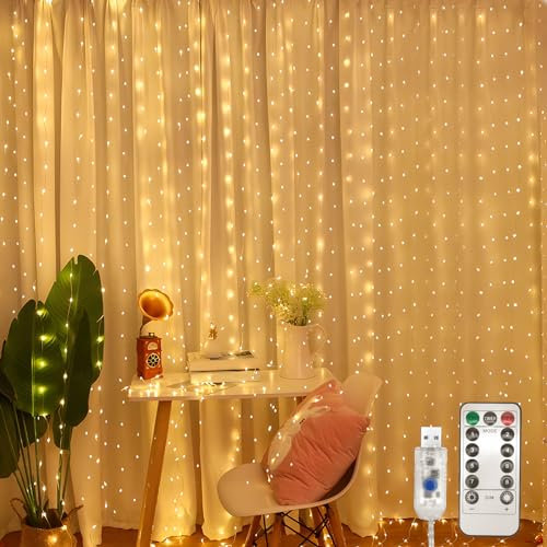 Jsdoin Curtain Fairy Lights, 3.6m x 3m 360leds USB Operated 8 Modes String Light Indoor Outdoor Waterproof Hanging Window Lights with Hooks for Christmas, Wedding, Party,Wall, Home Decorations