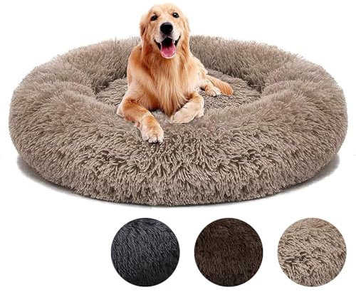 Hundebett Flauschig Donut, Hundekissen Waschbar XXL 120cm, Kuschelbett Hund Rund Anti Stress, Hundebett Flocke, Hundekörbchen für Mittelgroßr Großr Hunde, Beige
