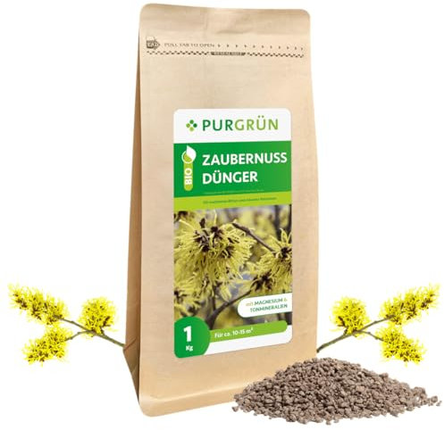 Purgrün® Bio-Zaubernuss-Dünger 1 kg – Organisch-mineralische Rezeptur – Feinkörniges Krümelgranulat – NPK 6+3+8 – Mit Magnesium für leuchtende Blüten – Verbessert die Bodenqualität