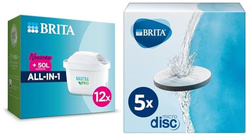 BRITA Pack de 12 cartouches filtrantes MAXTRA PRO All-in-1 - Nouveau MAXTRA + & Pack de 5 Filtres MicroDisc, pour Bouteilles et Gourdes Filtrantes, Réduit le Chlore, le Plomb et Autres Impuretés