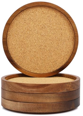Zovano Wooden Drink Coasters Set of 4, Stackable Cup Coaster for Table, 4.2 inch Absorbent Cork Coasters Set for Tabletop Protection, Rustic Glass Coaster for Coffee, Home Decor.