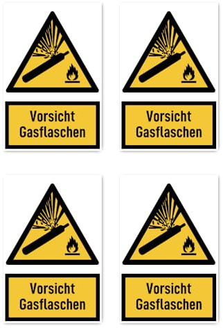 Aufkleber: 112.5x75 mm, 4 Stück - Vorsicht Gasflaschen - Warnzeichen mit Text (deutsch) (gelb/schwarz) - hochkant - W029 - DIN EN ISO 7010 / ASR A1.3