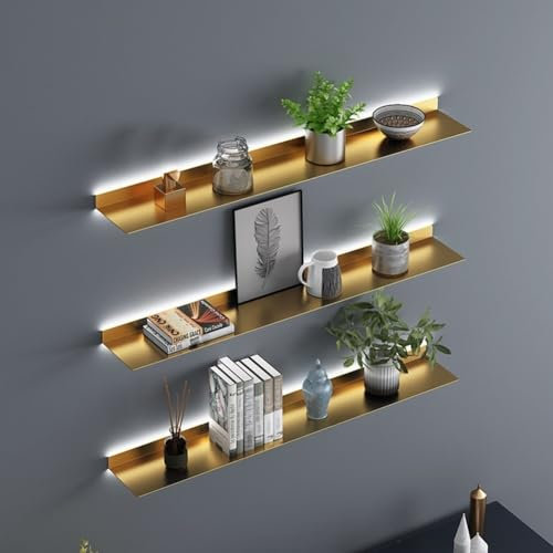 ZGFHNY Schwebendes Wandregal aus Metall mit integriertem beleuchtetem LED-Licht, Beleuchtungsregal für gewerbliche Bar, für Schlafzimmer, Küche, Badezimmer, 1 Stück (Color : Gold,