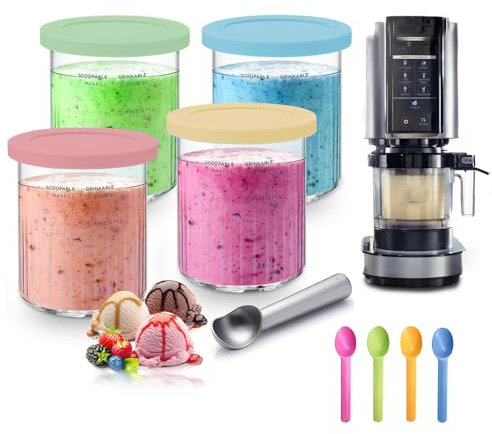 CJBIN Lot de 4 Bacs à Crème Glacée pour Ninjas Creami, 680ML Récipients à Crème Glacée avec 5 Cuillères, Pots de Crème Glacée pour Ninja Creami Deluxe NC500 NC501 Series, Sans BPA et Lave-Vaisselle