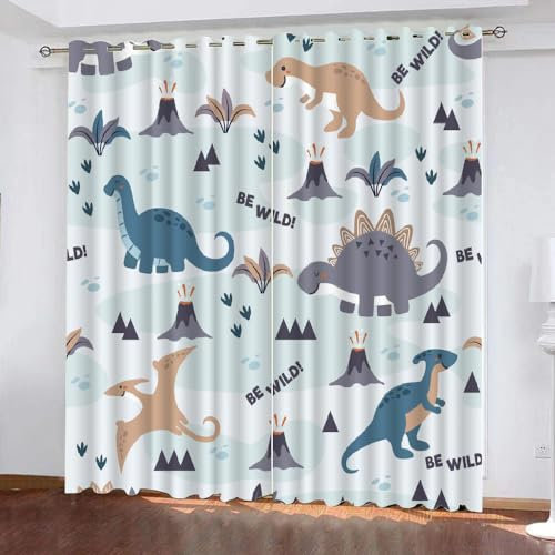 TSMMB Cartoon Dino Vorhang Kinderzimmer,Verdunkelungsvorhänge Mit Ösen 2Er Set,Gardinen Blickdicht Kurz Mit Muster,Vorhang Wohnzimmer Schlafzimmer Modern Blau,140X120Cm(HxB),A19