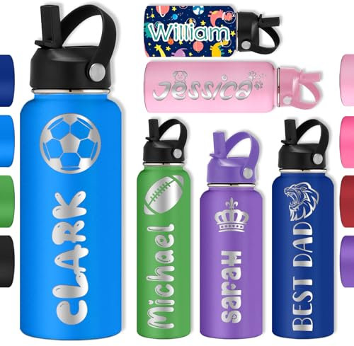 Bouteille d'eau personnalisée avec nom gravé avec icône pour enfants, adolescents, garçons et filles, cadeau de rentrée scolaire, voyage, gym, sport, bouteilles isothermes avec poignée à paille