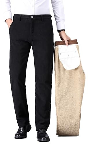 ziilay Pantaloni invernali da uomo in velluto a coste, con fodera in pile elasticizzata, pantaloni da neve in velluto a coste, fodera in lana d'agnello, Nero , 34W x 32L