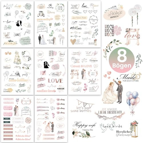 Hyggartn Sticker Hochzeit Gästebuch – 128 Aufkleber auf 8 Bögen mit liebevollen Motiven – Für Hochzeitsalbum, Scrapbook & Gästebuch – Deko Sticker zur Hochzeit