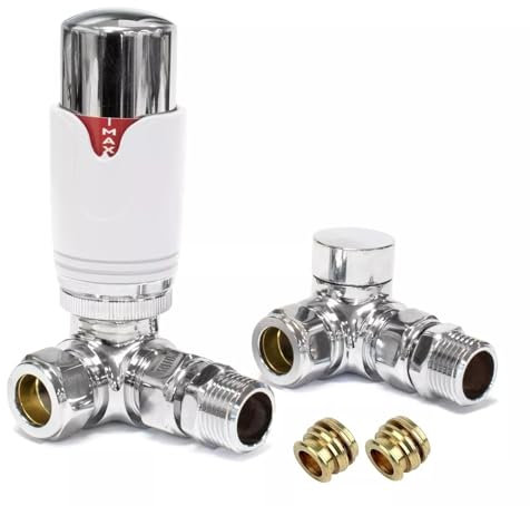 Team Controls Corner Thermostatic Radiator Valve & Lockshield Valve Chrome White TRV 10mm- inc 2no. 10mm Inset reducers