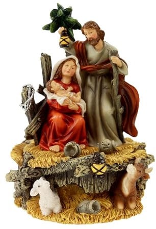 ELLUG Krippenfigur mit Dreh- und Musikfunktion – Heilige Familie und Tiere in beweglicher Krippenszene, mechanische Spieluhr ohne Batterien