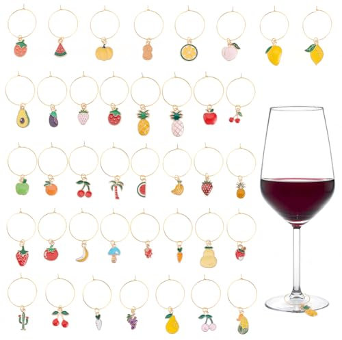 PLIGREAT 38 Pcs Wine Glass Charms Cute Wine Glass Markers Fruit Style Tags for Stem Glasses Drink Identifier Charms for Wine Tasting Party Favors Decorations Birthday