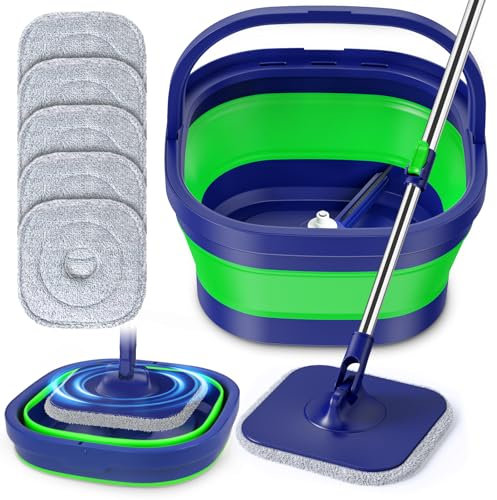 EHADOO Spin Mop and Bucket Set: Household Wet Dry Mop for Cleaning Floors - Collapsible Bucket for Small Home - 5 Reusable Microfibre Replacement Pads Green