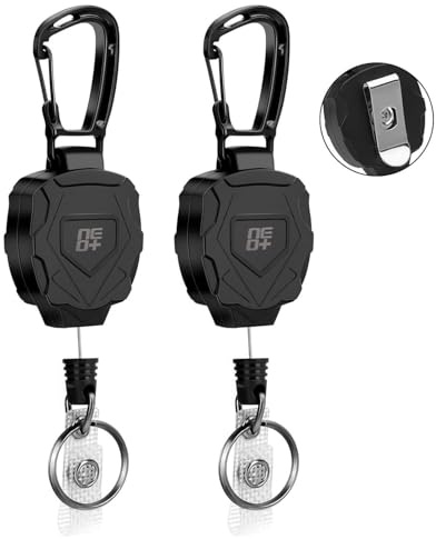 NEO+ Confezione da 2 portachiavi retrattili, bobina retrattile resistente, moschettone porta badge con clip per cintura, cavo in acciaio da 82 cm, cuscinetto 226,8 g