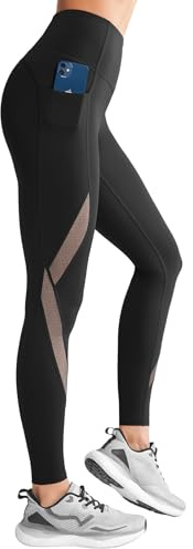 Yvette Mesh Leggings Sport Damen mit Tasche Blickdicht Gym Fitness Sporthose,Schwarz, M