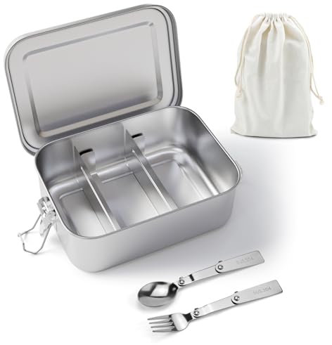 Feelhap Fiambrera de Acero Inoxidable, 2400 ML Fiambrera a Prueba de Fugas con 2 Partición Extraíble, Bolsa de almuerzo y Cubiertos, Fiambrera Metalica Hermetica Caja de Almacenamiento de Alimentos