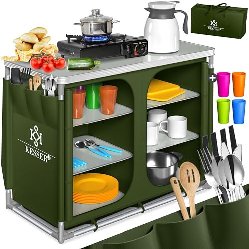 KESSER® Campingküche | Inkl. Tragetasche & Becherset | Campingschrank Faltschrank | mit Aluminiumgestell | Reiseküche | Küchenbox | Zeltschrank | Outdoor Camping Küche | Khaki | Typ F6