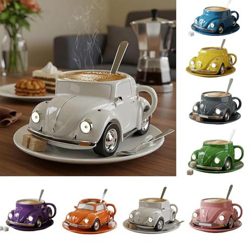 Tarange Kaffeetasse in Käferform, Handgefertigte Kaffeetassen aus in Käferform, Coffee Mug in Autoform für Autofans, Dekoration für Zuhause und Büro, Kreatives Geschenk (Weiß)