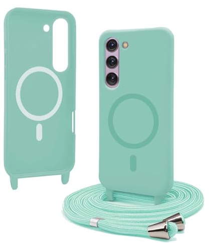 Bigcousin Coque Magnétique pour Samsung Galaxy S23 avec Cordon,[Compatible avec MagSafe],Silicone avec Collier Case Portable Cover,Réglable Collier Lanyard Case,Menthe Verte