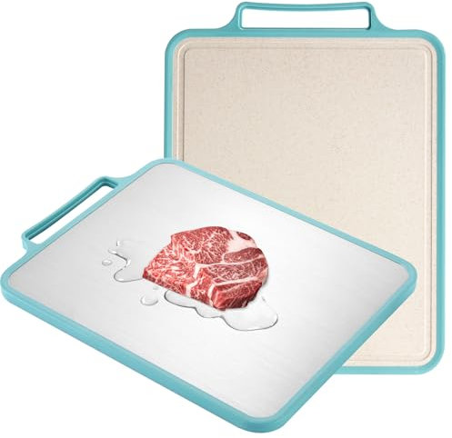 GOLXUWO Schneidebrett, Doppelseitiges SchneidebrettHergestellt aus lebensmittelechtem 304 Edelstahl und natürlichen Weizenfasern, Mit Saftrutsche, Mahlfunktion,Antibakteriell, Größe 39× 30cm