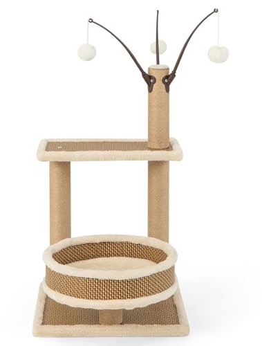 GYMAX Rattan Katzenbaum, Kletterbaum mit Ballspielzeuge & Kratzpfosten, Kratzbaum mit Plattform & geräumiges Bett, Katzenkratzbaum mit Abnehmbarer Plüschmatte (3-stöckig)