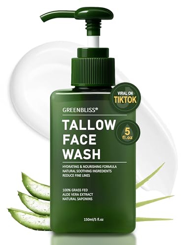 GreenBliss Beef Tallow Face Cleanser, Grass Fed Tallow Facial Wash with Aloe Vera, Gentle Hydrating Cleanser for Dry Skin, Moisturizing Face Wash for Women & Men, 150ml