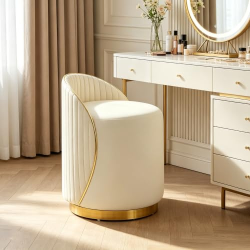 OVLRIJP Schminkhocker für Schminktisch, Rund Schminktisch Stuhl Hocke mit Lederbezug & Holzrahmen, 360° Drehbar Fußhocker, Polsterhocker für Wohnzimmer, Schlafzimmer (Beige)