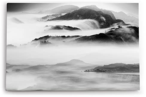 Paul Sinus Wandbilder Deko Kunstdruck 90x60cm Chinesisch Berglandschaft Berge Fluss Nebel Schwarz Weiß