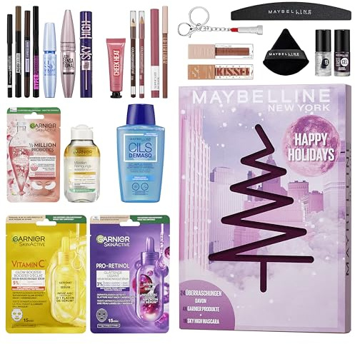 Maybelline New York Adventskalender, Mit 24 spannenden Türchen für Beauty-Liebhaberinnen, 21 Originalprodukte & 3 Goodies, inkl. Sky High Mascara & 4 Garnier Skincare Highlights