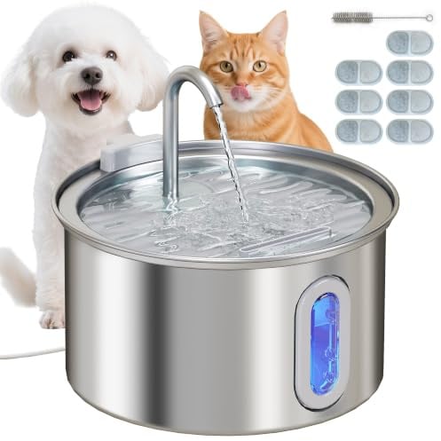PawHut Trinkbrunnen für Katze 2,5L Trinkbrunnen für Hunde Silber | Edelstahl, Leise Pumpe, Wasserstandsfenster, Aktivkohlefilter, LED, Filtersystem, Katzentrinkbrunnen