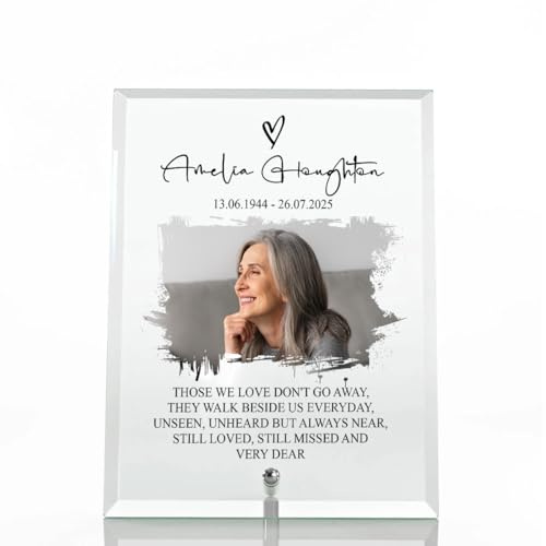 ukgiftstoreonline Personalised Glass Memorial Plaque, 15.2 x 10.2 cm or 12.7 x 17.8 cm, Photo and Message Display, Freestanding