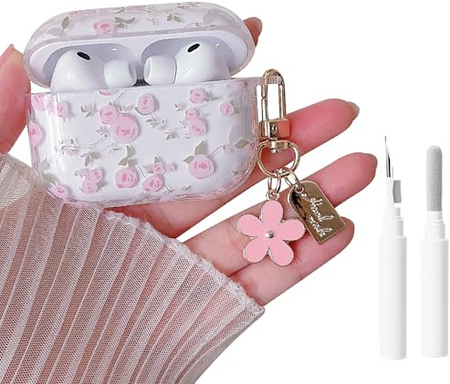 MINSCOSE Kompatibel mit AirPods Pro 3.Generation Case (2025) mit Reinigungsset,niedliches Blumenmuster-Design mit Blumen-Schlüsselanhänger für Mädchen und Frauen für AirPods Pro 3–Rosa
