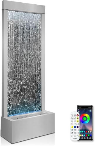 LONGRUN 48 Inch Large Indoor Water Feature, Modern Decorative Waterfall Fountain for Home or Garden with Bluetooth RGB LED Light Strip and Water Pump