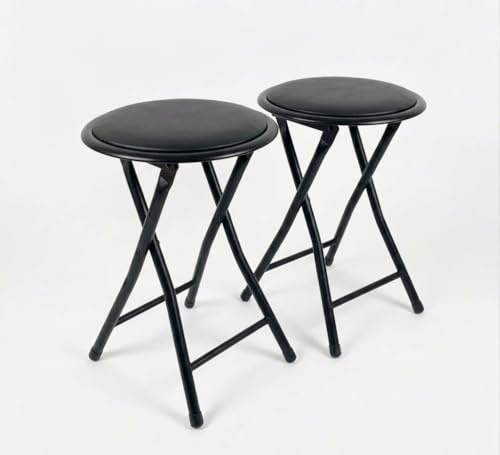 SuperGift.com 2x Black Round Compact Padded Folding Stool Chair For Breakfast, Office Stool, Folding Kitchen Stool, Desk Stool, Foldable Bar Stools
