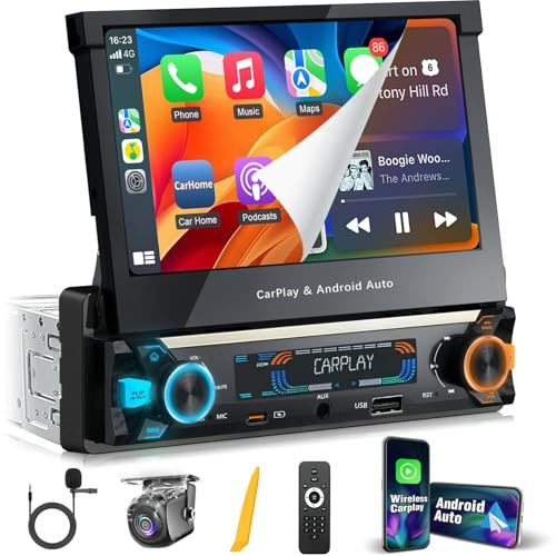 【SOOEMAKA】 Single Din Touchscreen Radio with Wireless Carplay&Android Auto,7 inch QLED Motorized Flip Out Car Stereo Upgrade PD/QC 3.0 Type-C Fast Charging/Dual WiFi/Bluetooth 5.1/AM/FM/DSP