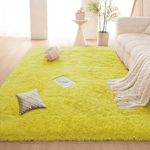 ZHIQXUE Teppich Shaggy 120 x 130 cm Flauschig Flauschiger Fellteppich Fell Imitat Kunstfell Hochwertiger für Schlafzimmer Kinderzimmer Lounge, Gelb