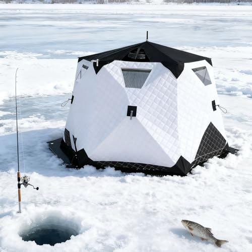 ZHLINGQ Eisangelhütte, Isoliertes 7 M² Großes, 6-Seitiges Angelzelt Für 6–10 Personen, Platzsparende, Winddichte Winterhütte Mit Tragetasche, 2 Türen Und 5 Fenstern White